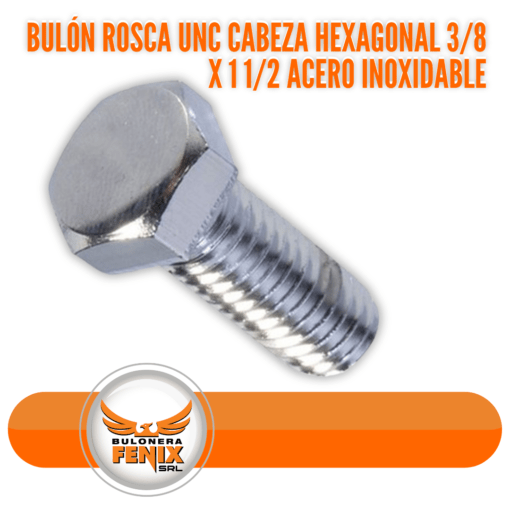 El Bulón Rosca UNC Cabeza Hexagonal de 3/8" x 1 1/2" en acero inoxidable es una solución robusta y duradera para una amplia gama de aplicaciones de fijación. Fabricado en acero inoxidable de alta calidad, este bulón resiste la corrosión y es ideal para ambientes húmedos o donde se requiere resistencia a la intemperie. La cabeza hexagonal permite un apriete fácil y seguro, asegurando una instalación firme y duradera. Perfecto para proyectos que requieren una sujeción fuerte y confiable, este bulón es indispensable en la industria de la construcción, automotriz y marina.