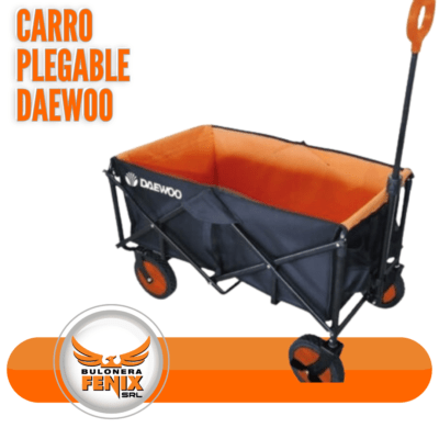 Carro Plegable Daewoo: Capacidad de Carga: 80 kg Material: Acero reforzado Diseño Plegable: Fácil almacenamiento y transporte Ruedas: Robustas y giratorias para maniobrabilidad Dimensiones Abierto: [Incluir las dimensiones en cm o m] Dimensiones Plegado: [Incluir las dimensiones en cm o m] Ideal para: Transporte de cargas en jardines, almacenes, y más. Marca: Daewoo Modelo: [Incluir el modelo si está disponible] SKU: [Incluir si está disponible] ¡El Carro Plegable Daewoo te ofrece versatilidad y resistencia para tus tareas de transporte!