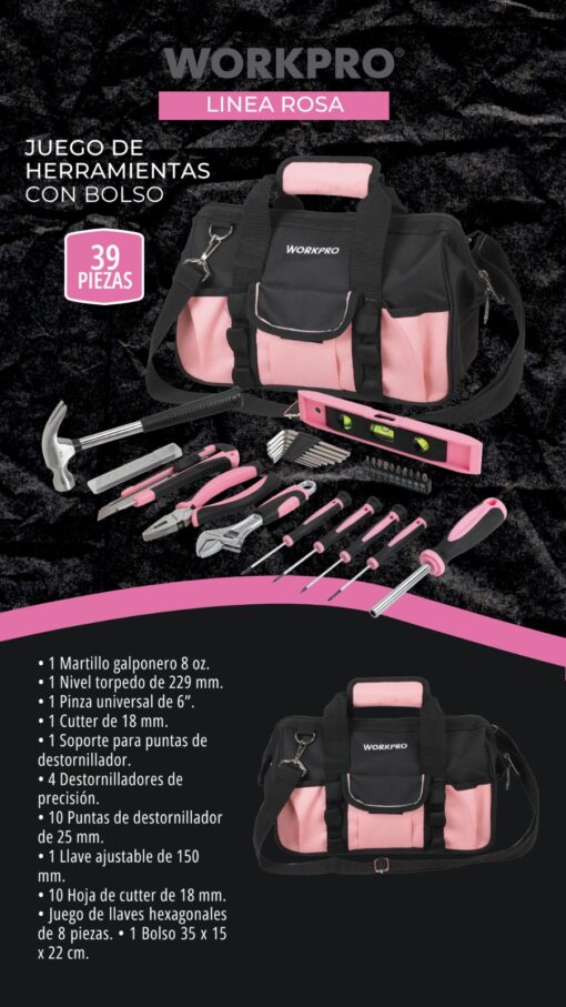 JUEGO DE HERRAMIENTAS  WORKPRO ROSA 39 PZAS