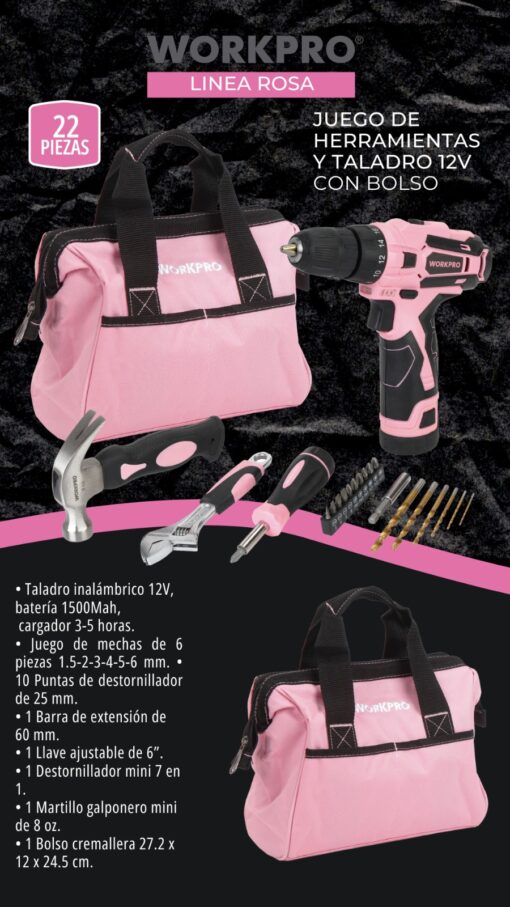 JUEGO DE HERRAMIENTAS Y TALADRO 12V CON BOLSO - X 22 PZAS