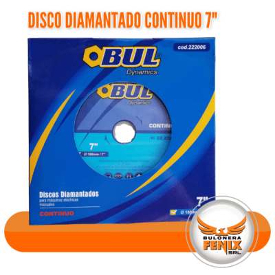 El Disco Diamantado Continuo de 7" de Bul Dynamics es tu aliado ideal para cortes precisos y limpios en materiales como cerámica, mármol y granito. Diseñado para ofrecer un acabado perfecto sin astillado, este disco proporciona un rendimiento excepcional tanto en cortes secos como húmedos. Con su borde diamantado de alta calidad, asegura durabilidad y eficacia en cada corte. Ideal para profesionales y aficionados al bricolaje, el Disco Diamantado Continuo de Bul Dynamics es indispensable para trabajos que requieren la máxima precisión. Disponible en www.bulonerafenix.com, es la elección perfecta para quienes demandan lo mejor en herramientas de corte.