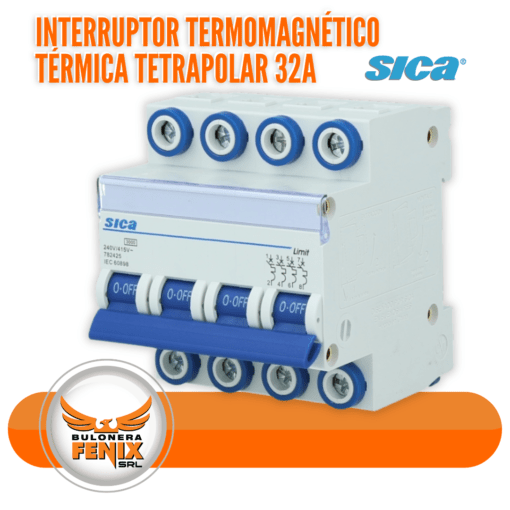 "Descubre la seguridad y eficiencia que ofrece el Interruptor Termomagnético Térmica Tetrapolar 32A de SICA, diseñado para proporcionar protección óptima contra sobrecargas y cortocircuitos en sistemas eléctricos residenciales, comerciales e industriales. Este interruptor robusto y confiable asegura una gestión eléctrica segura y eficiente, manteniendo tus instalaciones protegidas en todo momento. Encuentra este indispensable dispositivo de seguridad en nuestra web www.bulonerafenix.com y garantiza la integridad de tu infraestructura eléctrica con la calidad y confiabilidad que solo SICA puede ofrecer."