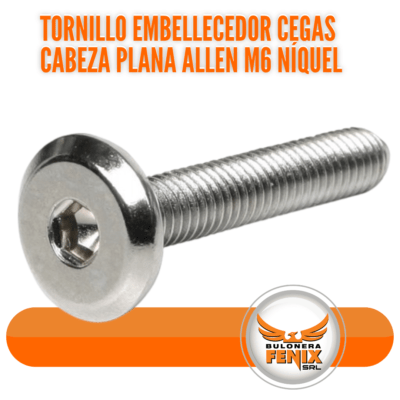 El Tornillo Embellecedor Cegas Cabeza Plana Allen M6 Níquel es ideal para agregar un toque de elegancia y sofisticación a tus proyectos. Diseñado con una cabeza plana Allen y acabado en níquel, este tornillo no solo mejora la estética de tus ensambles, sino que también ofrece una solución duradera y resistente a la corrosión. Perfecto para su uso en muebles, electrodomésticos y otras aplicaciones decorativas donde la apariencia es crucial. Disponible en www.bulonerafenix.com, este tornillo embellecedor combina funcionalidad y estilo para llevar tus proyectos al siguiente nivel.