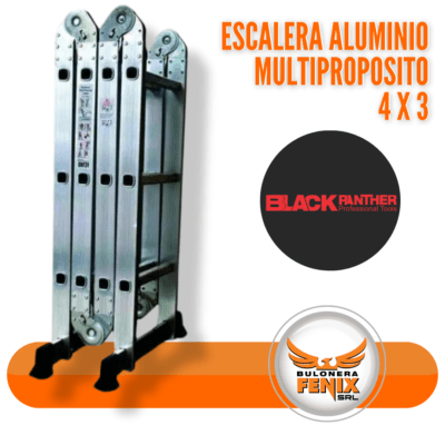 Escalera de Aluminio Multipropósito 4 x 3 Black Panther Descubre la versatilidad y la resistencia de nuestra Escalera de Aluminio Multipropósito Black Panther. Diseñada para profesionales y entusiastas del bricolaje, esta escalera articulada 4 x 3 es la herramienta ideal para cualquier trabajo en altura, ofreciendo múltiples configuraciones para adaptarse a tus necesidades específicas. Características Principales: Flexible y Versátil: Se transforma fácilmente en diferentes formas y alturas para proporcionar una solución óptima en cada proyecto. Material Robusto: Construida con aluminio de alta calidad, combina ligereza y durabilidad para un uso seguro y prolongado. Fácil de Almacenar y Transportar: Su diseño compacto permite un plegado fácil, ideal para almacenamiento en espacios reducidos y transporte sin esfuerzo. Perfecta para tareas domésticas o proyectos de construcción, la Escalera Black Panther es una adición esencial para cualquier kit de herramientas, asegurando que siempre tengas el alcance y la estabilidad necesarios para trabajar con confianza y eficiencia. Explora más y equipa tu taller con lo mejor en www.bulonerafenix.com.
