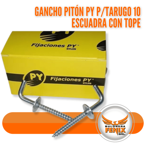 Descubre el Gancho Pitón Py para Tarugo de 10 Escuadra, ideal para colgar objetos con seguridad y eficiencia en tu hogar o taller. Este gancho cuenta con un diseño de escuadra robusto y un tope que previene deslizamientos, ofreciendo una sujeción firme y duradera. Características clave: Compatibilidad con tarugo de 10: Asegura una instalación sólida y estable. Construcción de alta resistencia: Soporta cargas pesadas sin problemas. Versátil: Perfecto para organizar herramientas, utensilios de cocina o cualquier accesorio que necesite colgarse. Visita www.bulonerafenix.com y equipa tu espacio con este gancho práctico y confiable. Ideal para quienes valoran la organización y la seguridad en su entorno de trabajo o hogar.