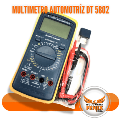 El Multímetro Automotriz DT 5802 de Ruhlmann es tu compañero perfecto para diagnósticos y reparaciones precisas en el sector automotriz. Equipado con una pantalla LCD grande, función Auto Cero y 32 configuraciones de medición, este multímetro está diseñado para ofrecer mediciones exactas y fiables. Ideal para verificar baterías, alternadores y circuitos de encendido, el DT 5802 asegura que cada comprobación sea eficiente y efectiva. Descúbrelo en www.bulonerafenix.com y lleva tus habilidades automotrices al próximo nivel con herramientas de calidad profesional.