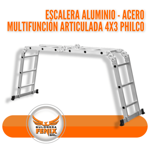 ¡Por supuesto! Aquí tienes otro texto breve para presentar la Escalera Aluminio-Acero Multifunción Articulada 4x3 Philco en la página web de Bulonera Fénix: Escalera Multifunción Philco 4x3: La Solución Perfecta para Trabajos en Altura Maximiza tu productividad y asegura tu seguridad con la Escalera Aluminio-Acero Multifunción Articulada 4x3 de Philco, ahora disponible por solo $206.200 final. Diseñada para adaptarse a cualquier tarea, esta escalera es esencial para cualquier profesional o entusiasta del bricolaje. Características Principales: Versatilidad: Configurable en diversas posiciones para satisfacer todas tus necesidades de acceso. Durabilidad: Construida con materiales de alta calidad, aluminio y acero, para una mayor resistencia y un largo tiempo de servicio. Seguridad: Equipada con mecanismos de bloqueo robustos para una estabilidad óptima. Precio Especial: Aprovecha el precio final de $206.200 y eleva tu equipamiento a un nivel superior. Encuéntrala en Bulonera Fénix: Visita nuestro sitio web www.bulonerafenix.com para más detalles y descubre cómo esta escalera puede transformar tu manera de trabajar. ¡Compra hoy y lleva tus proyectos a nuevas alturas!